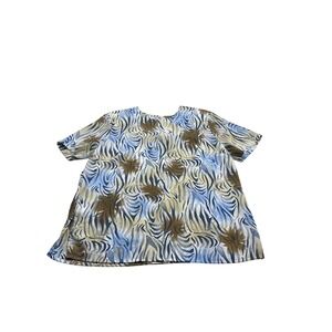 KC Studio Womens Medium Blue Tan Abstract Tropical Print Short Sleeve Blouse Top